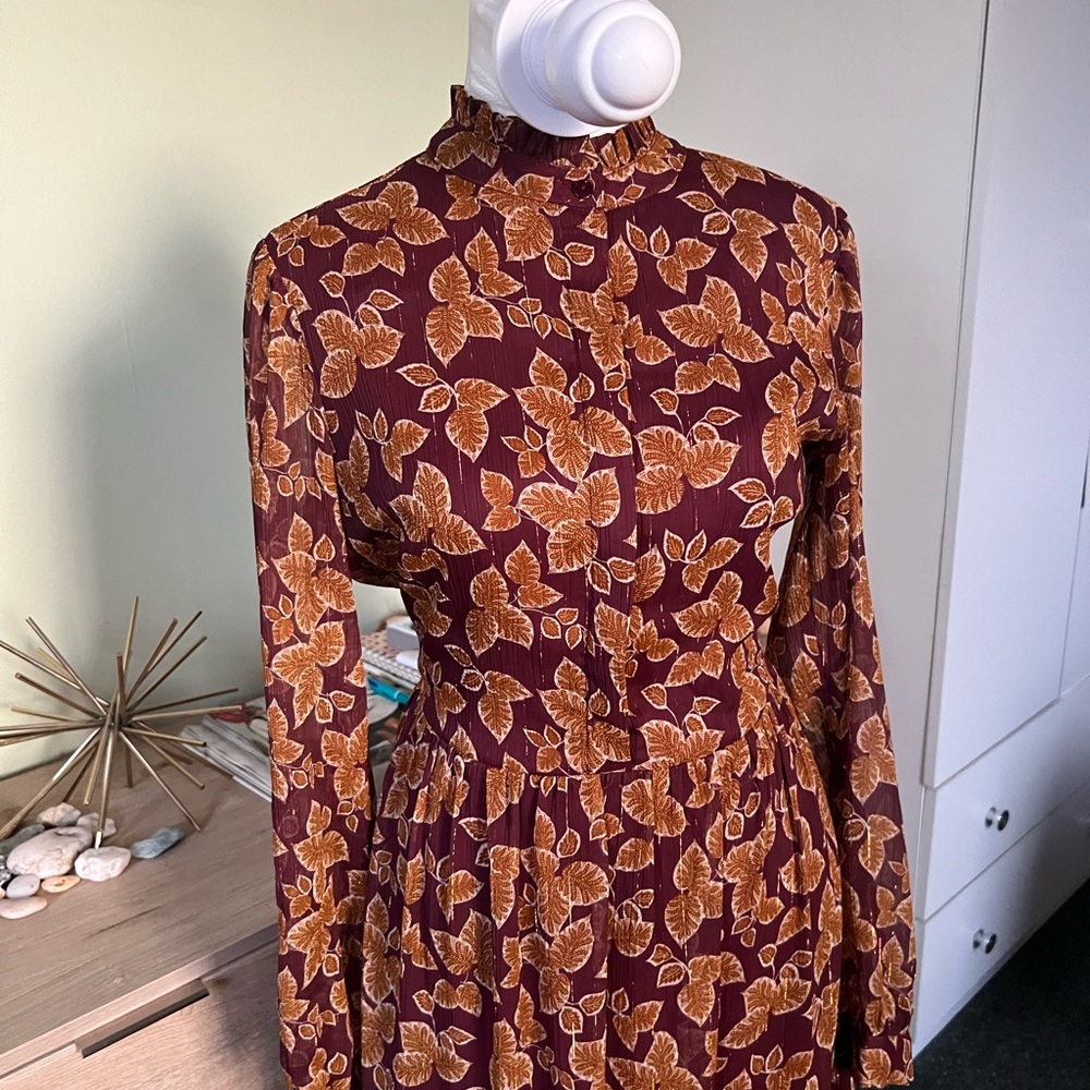 Maroon Orange Autumn Floral Chiffon Mockneck Midi Maxi Fit & Flare Modest Dress